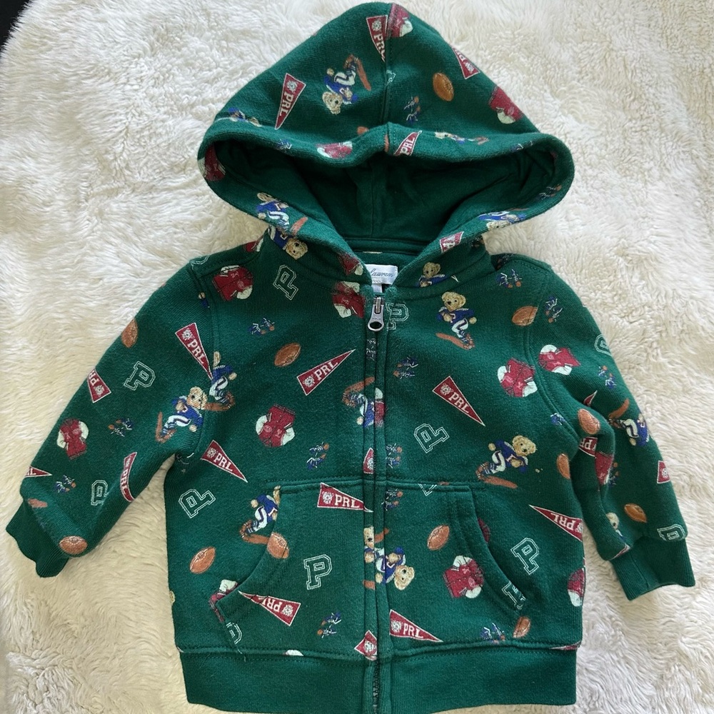 Polo Baby Green Polo Bear Print Zip up Sweater Hoodie Size 6 Months